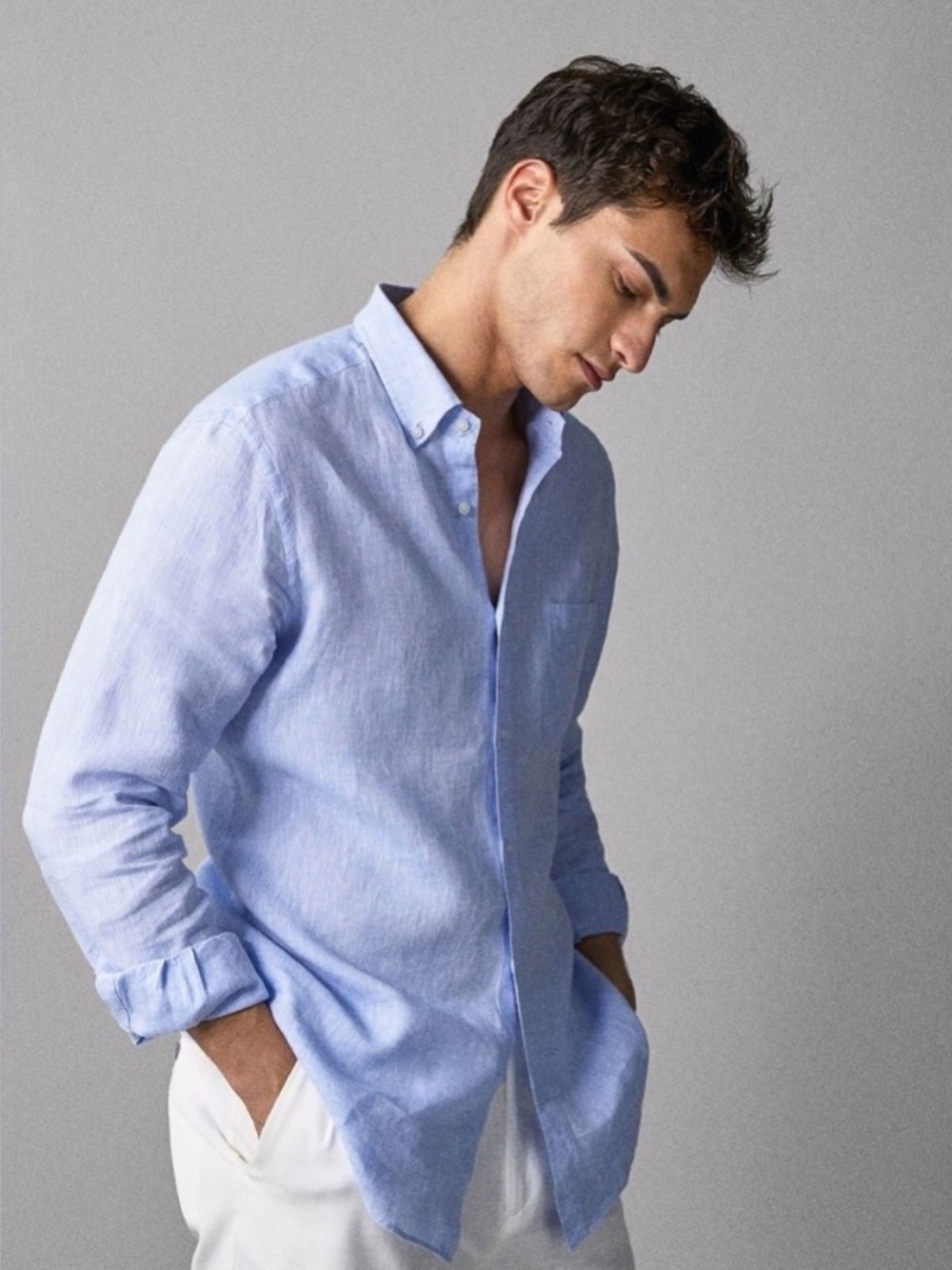 Massimo Dutti 100% Linen Light Blue Preppy Classic Lightweight Button-Down Shirt